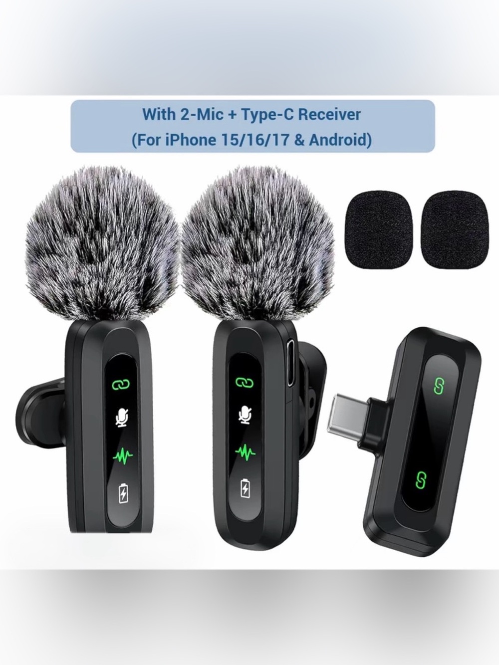 Wireless Clip-On Dual Lavalier Microphones with Type-C Receiver - Black & Gray